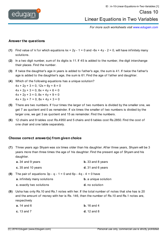 Grade 10 Linear Equations In Two Variables Math Practice Questions Tests Worksheets 