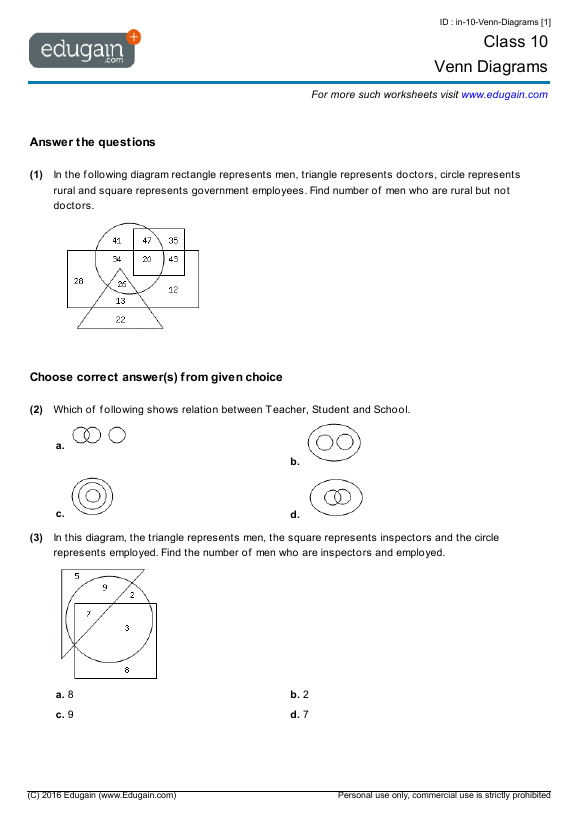 grade 10 venn diagrams math practice questions tests worksheets quizzes assignments edugain vanuatu